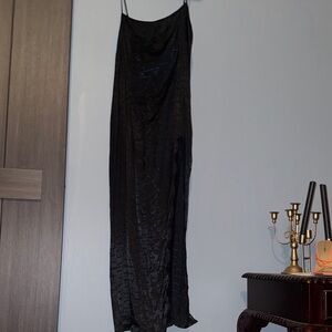 SKIMS Black Slip Dress Long Lace Slit in front